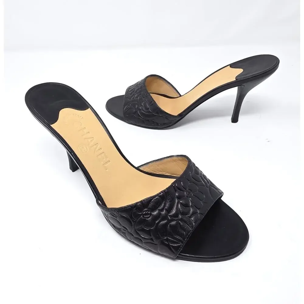Chanel Vintage Camellia Flower Leather Mules Black Open Toe Heels CC Logo 38.5 8